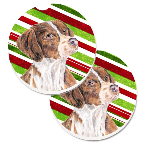 Carolines Treasures Brittany Candy Cane Holiday Christmas Set of 2 Cup Holder Car Coaster SC9349CARC - main